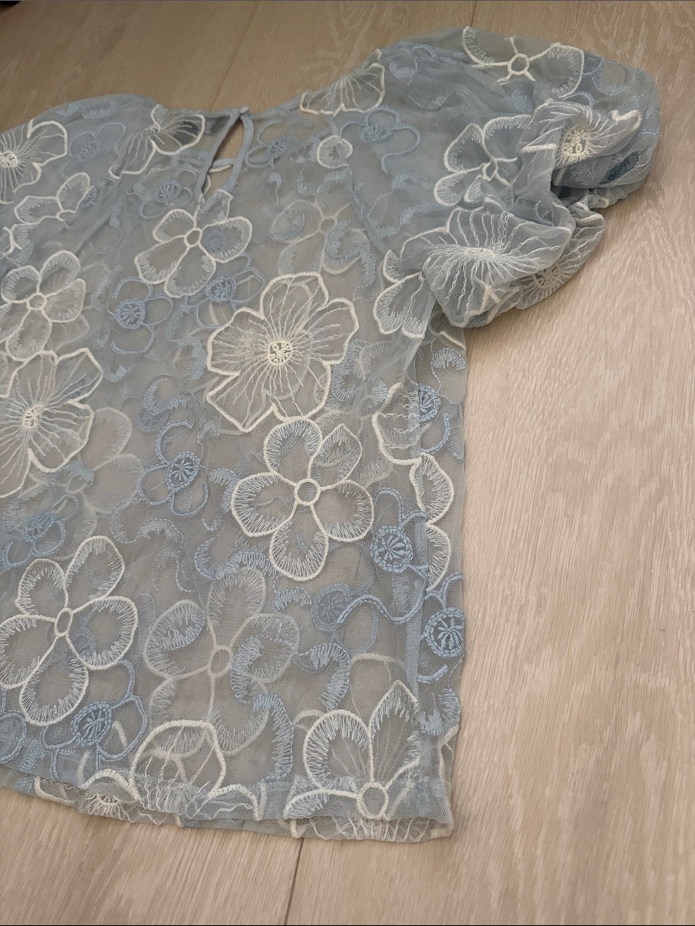 Laundry By Shelli Segal Light Blue Floral Lace Puff-Sleeve Blouse - Picture 10 of 10